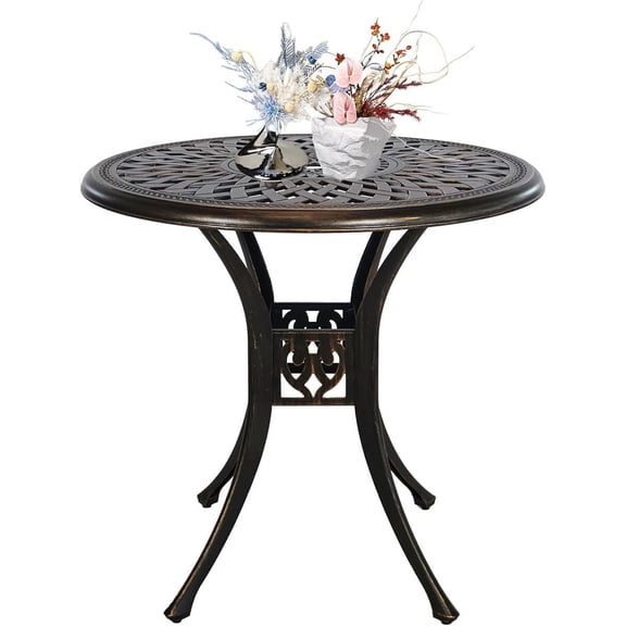 LUDYSHARE 30.7" Round Cast Aluminum Outdoor Patio Dining Table w/ Umbrella Hole, Bronze Bistro Table for Deck, Backyard