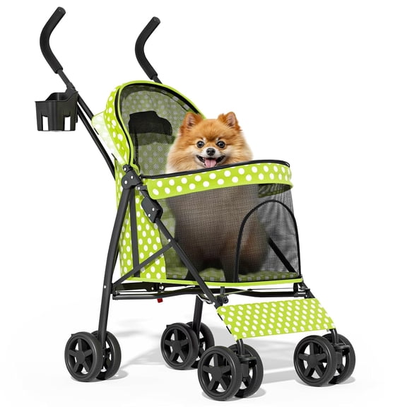 LUDYSHARE 4-Wheel Pet Stroller, Easy-Fold Dog Cat Jogger w/Storage & Mesh for Small/Medium Pets, Lawn Green Polka Dots