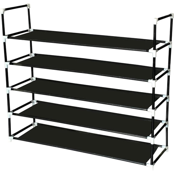 LUDYSHARE 5-Tier Shoe Rack Organizer, Holds 25 Pairs, Stackable, Easy Assembly, No Tools, Black, 39.38"L x 11.13"W x 36.25"H