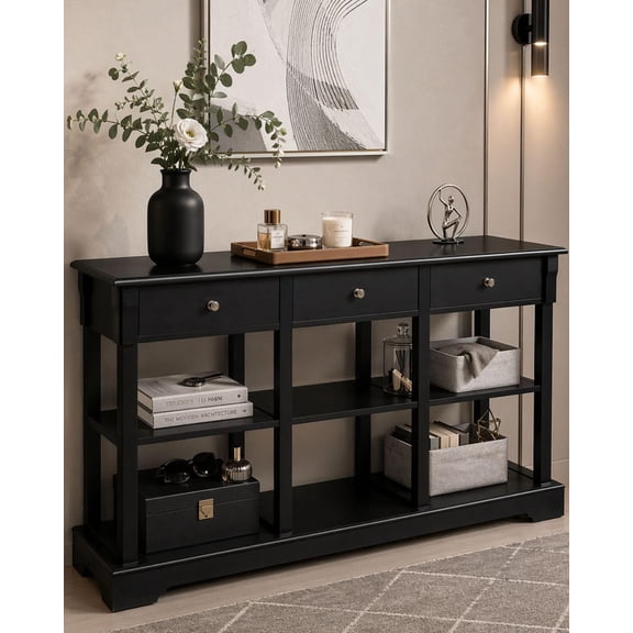 LUDYSHARE 58" Black Entryway Console Table with 3 Drawers, 6 Cube Storage | Vintage Sofa Table for Living Room, Foyer