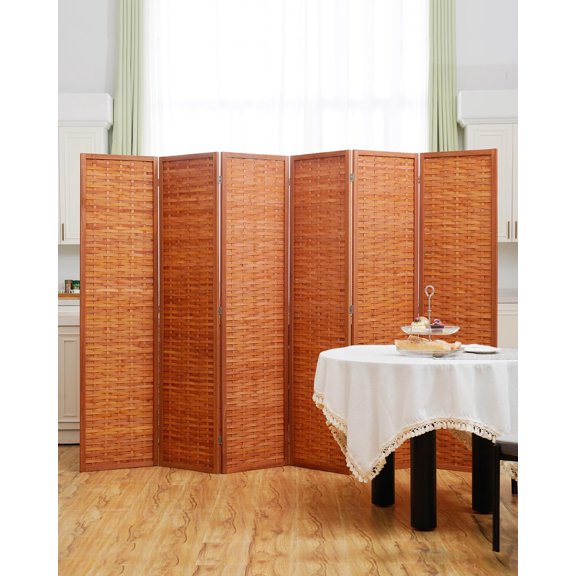 LUDYSHARE 6-Panel 6FT Tall Bamboo Room Divider, Freestanding Privacy Screen, Reddish Brown, 70.9" H x 119" W