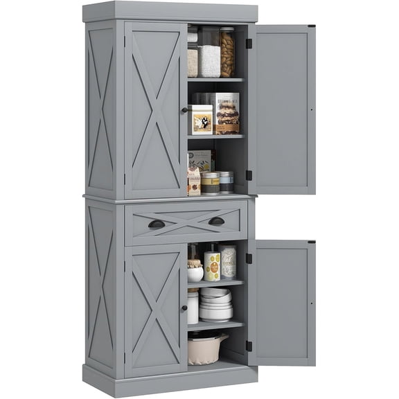 LUDYSHARE 72" Freestanding Kitchen Pantry Cabinet, 4 Doors, 2 Adjustable Shelves, Large Drawer, X-Frame, Gray Storage