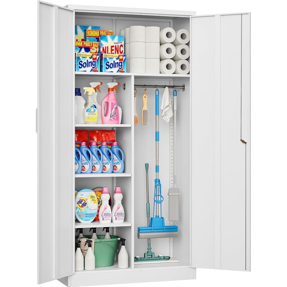LUDYSHARE 72" Tall White Metal Storage Cabinet w/Lock, Hanging Rod & 5 Shelves for Home, Office, Garage, Laundry - 36"W x 18"D Steel Wardrobe Closet