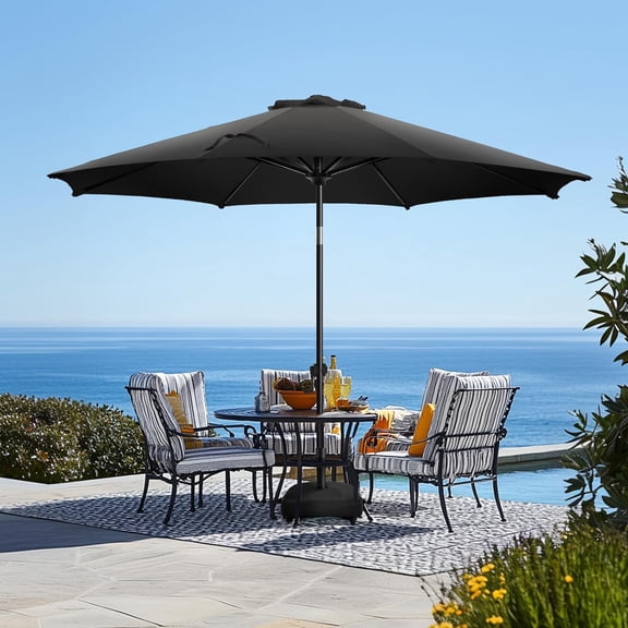 LUDYSHARE 9FT Patio Umbrella w/ Base, Outdoor Market Umbrella for Deck, Garden, Pool - Fade Resistant, 8 Ribs, Black