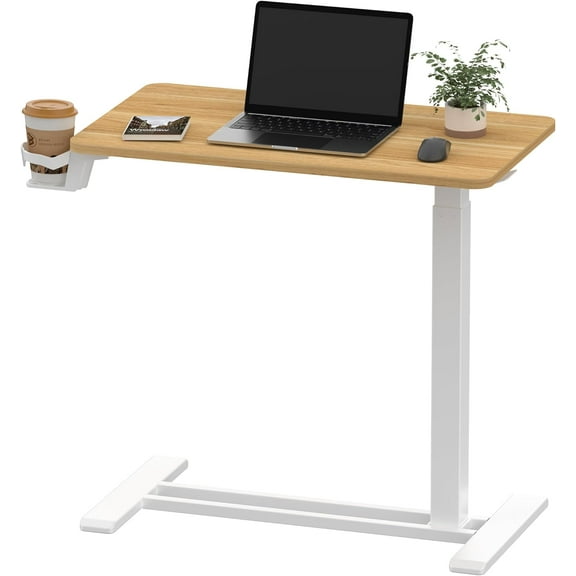 LUDYSHARE Adjustable Overbed Table w/Hidden Casters, Pneumatic Mobile Laptop Desk Cart, Hospital & Home Use, Maple, 27.6"W x 15.7"D