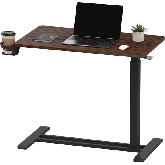 LUDYSHARE Adjustable Overbed Table with Hidden Casters, Pneumatic Mobile Laptop Desk Cart, Cup Holder, for Hospital & Home Use, Walnut