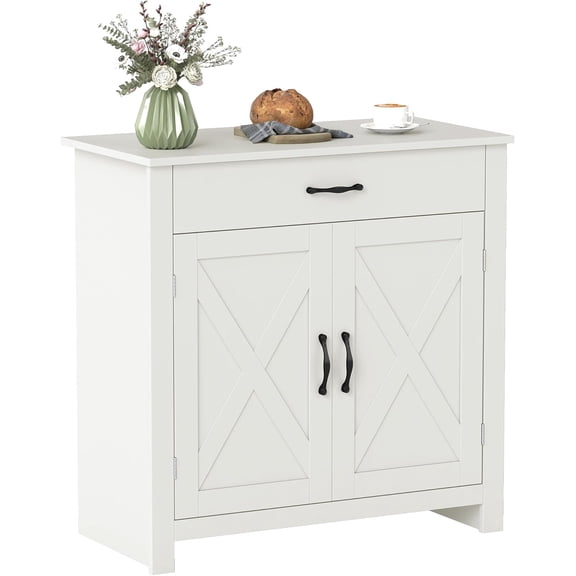 LUDYSHARE Farmhouse Barn Door Sideboard Buffet Cabinet with Drawer & Adjustable Shelf for Kitchen, Living Room, Entryway - White Wash