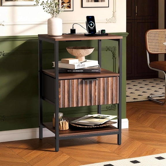 LUDYSHARE Fluted Nightstand with Charging Station, End Table with Fabric Drawer, Night Stand with Storage Shelf & Handle, Fluted Side Table for Bedroom/Living Room,Walunt