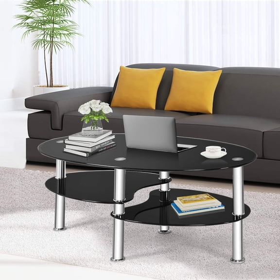 LUDYSHARE Glass Coffee Table, 3-Tier Modern Oval Smooth Glass Tea Table Center Table End Table with Open Storage Shelf,Sturdy Steel Legs for Living Room,Home,Office,Cocktail Tea Table (Black)