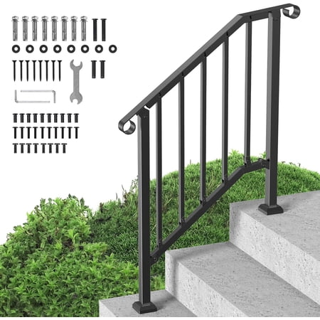 LUDYSHARE Handrails for Outdoor Steps, 2 Step Stair Hand Rail Kit, Transitional Carbon Steel Railings with Installation Kit, Stair Rails for Seniors, Concrete Steps & Porch & Deck, Black Retro Arch