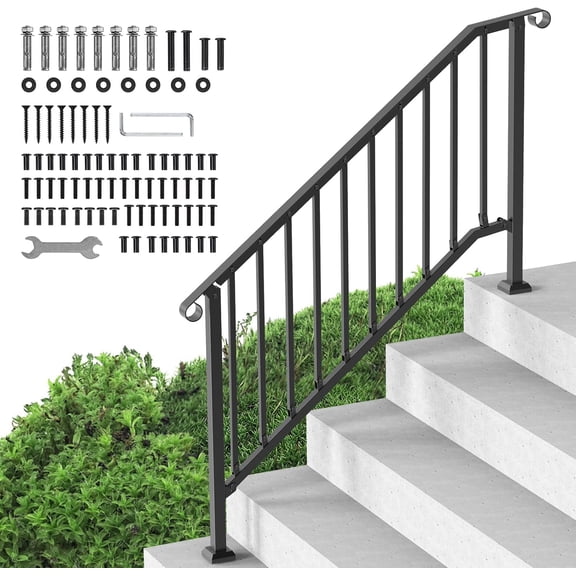 LUDYSHARE Handrails for Outdoor Steps, 5 Step Stair Hand Rail Kit, Transitional Carbon Steel Railings with Installation Kit, Stair Rails for Seniors, Concrete Steps & Porch & Deck, Black Retro Arch