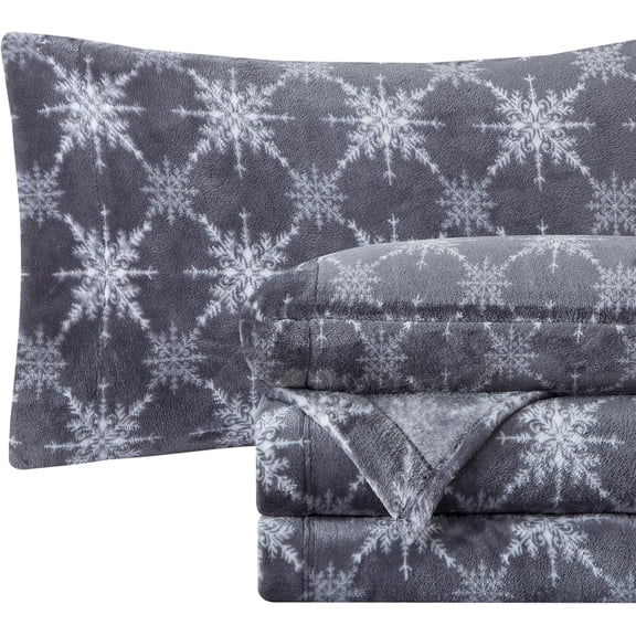LUDYSHARE King Gray Snowflake Velvet Flannel Sheet Set, 4-Piece, Deep Pocket, Cozy Warm, Christmas Fuzzy Fleece, OEKO-TEX Certified
