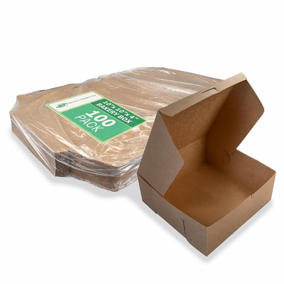 LUDYSHARE Kraft Bakery Boxes 10x10x4" Brown Paper, 100-Pack, One-Piece Non-Window, Easy Assembly for Cakes/Cookies