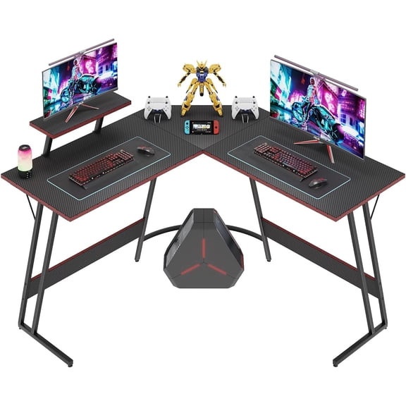 LUDYSHARE L-Shaped Gaming Desk 47" w/Monitor Stand, Carbon Fiber Surface, Corner Computer Table for Home Office, Black