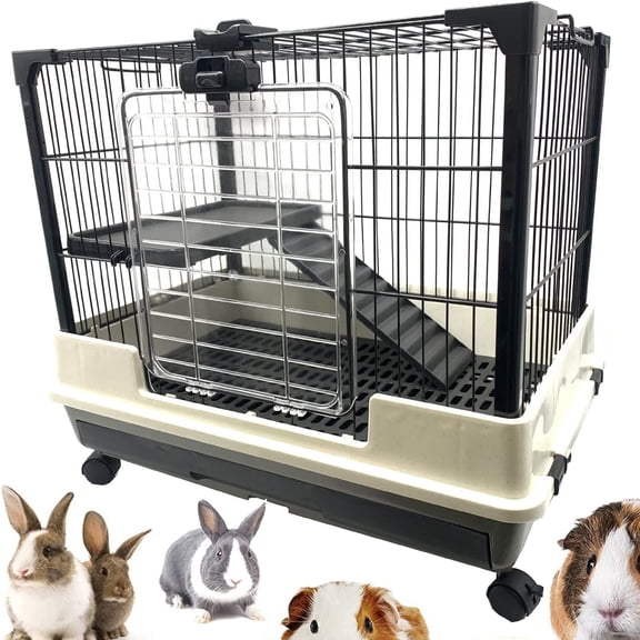 LUDYSHARE Large 2-Tier Indoor/Outdoor Small Animal Cage for Guinea Pig, Ferret, Chinchilla, Rabbit, Cat Playpen with Ramp, Leakproof Tray, Wheels