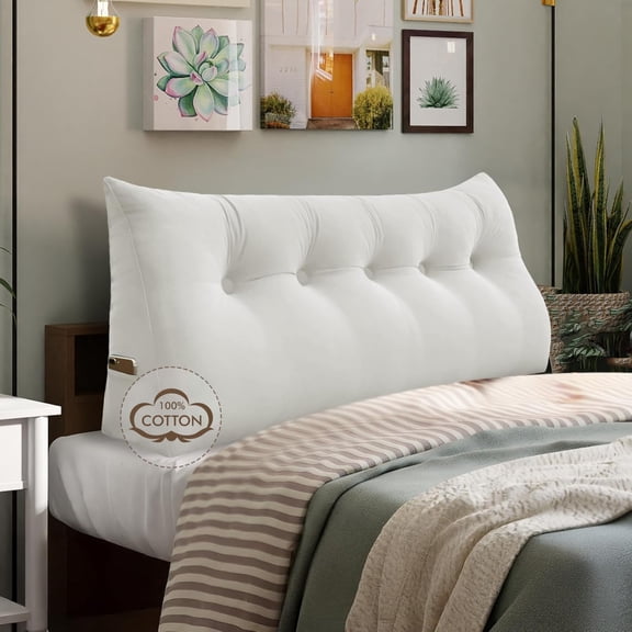 LUDYSHARE Queen 100% Cotton Velvet Headboard Pillow - Wedge Back Support Reading Bolster for Bed & Daybed, Removable Cover, Soft Luxury Bed Rest Cushion, White