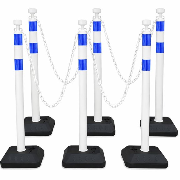LUDYSHARE6 Pack 40.65" Traffic Delineator Posts with 6.6 Ft Plastic Chains, Crowd Control Stanchion Barrier Set with Fillable Water/Sand Base & Reflective Bands for Parking(White)
