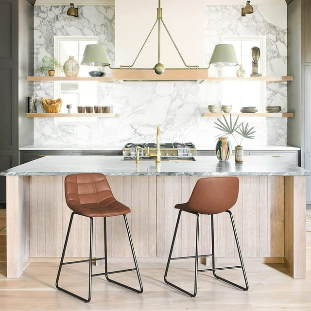 LUE BONA 24'' Counter Height Bar Stools with Back, Faux Leather for Home Kithchen Island, Red Brown