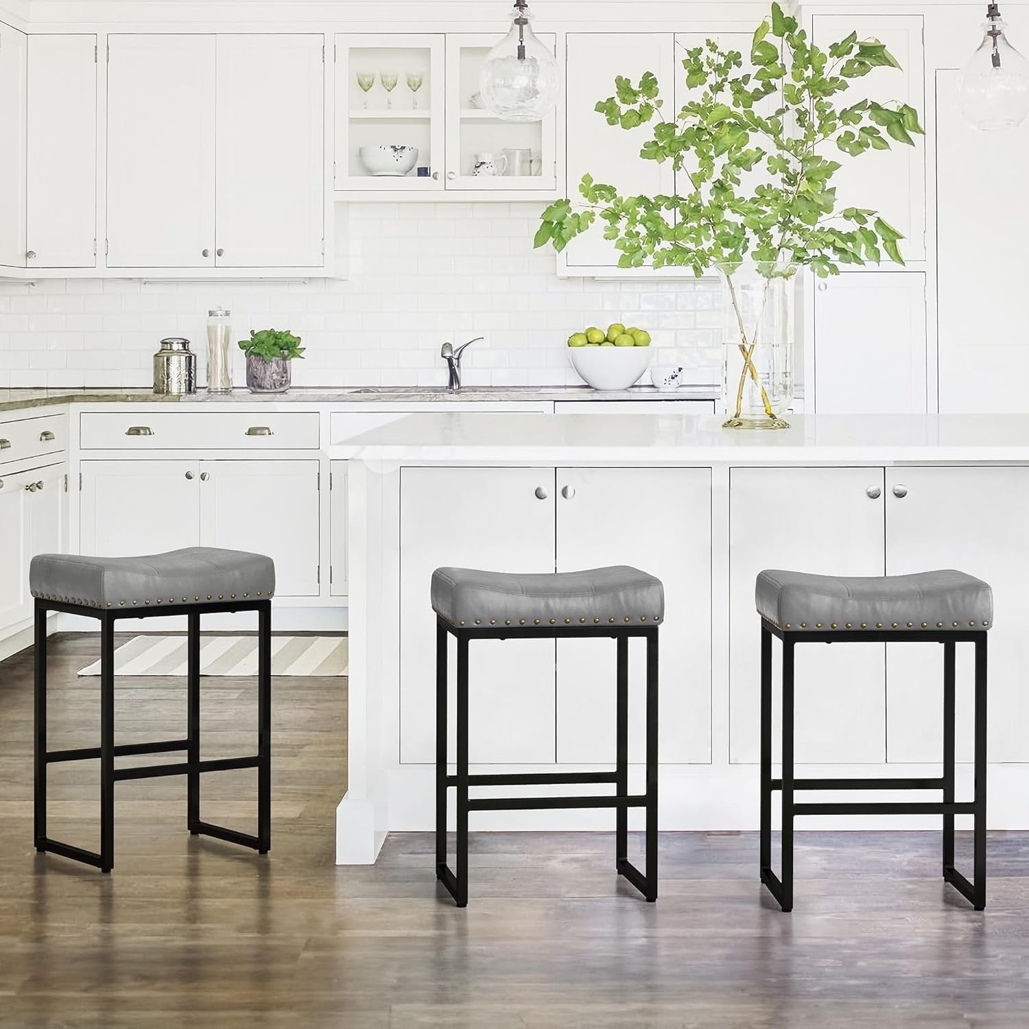 BONA 24" Gray Saddle Counter Height Bar Stools Set of 3, Modern Faux ...