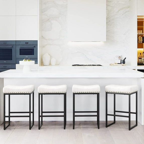 LUE BONA 24" Saddle Counter Height Bar Stools Set of 4, Modern Faux Leather, for Kitchen,White