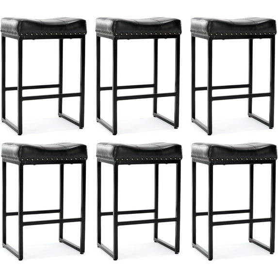 LUE BONA 24" Saddle Counter Height Bar Stools Set of 6, Modern Faux Leather, for Kitchen,Black