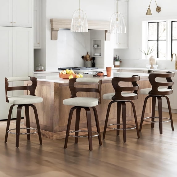 LUE BONA 26" Counter Height Bar Stools Set of 4, Swivel Counter Stools with Back for Kitchen, Light Beige Gray