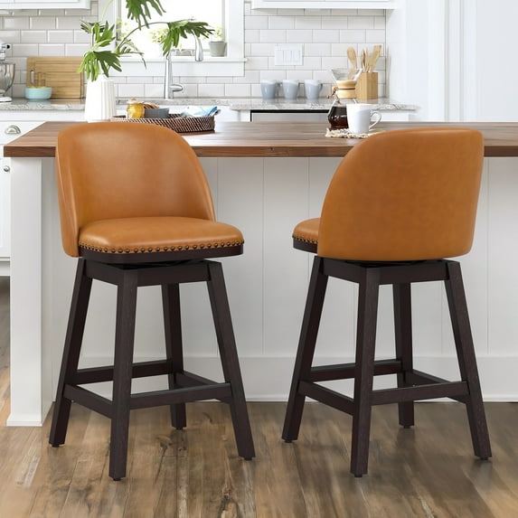LUE BONA 26'' Swivel Bar Stools Set of 2, Counter Stools with Back & Footrest for Kitchen,Whiskey Brown