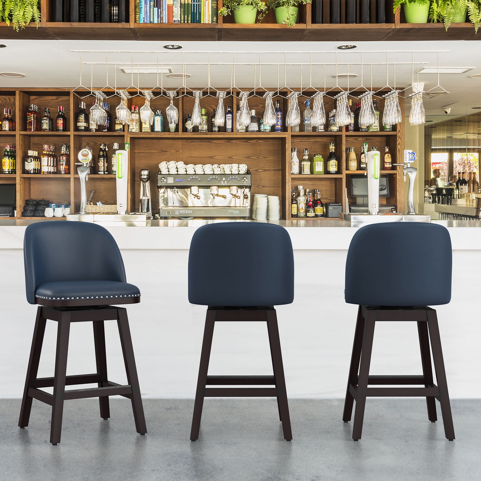 LUE BONA 26'' Swivel Bar Stools Set of 3, Counter Stools with Back & Footrest for Kitchen,Navy ...