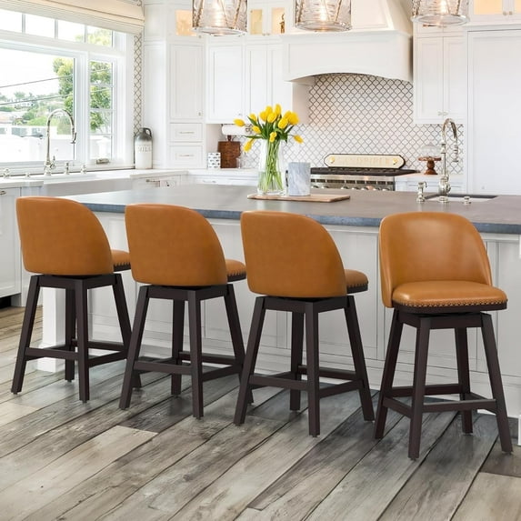 LUE BONA 26'' Swivel Bar Stools Set of 4, Counter Stools with Back & Footrest for Kitchen,Whiskey Brown