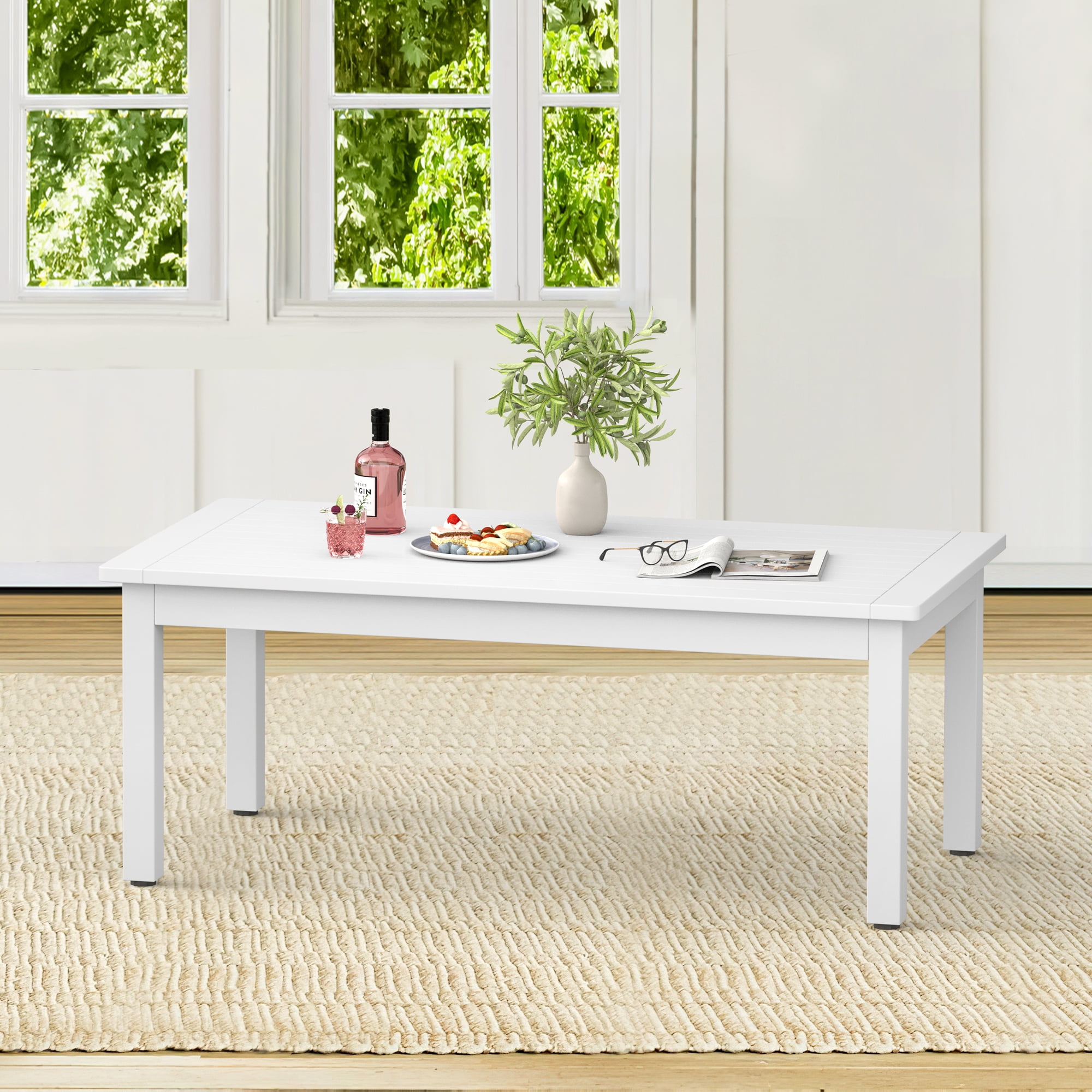 LUE BONA 42 Patio Coffee Table HDPS Rectangle Outdoor Coffee Table White