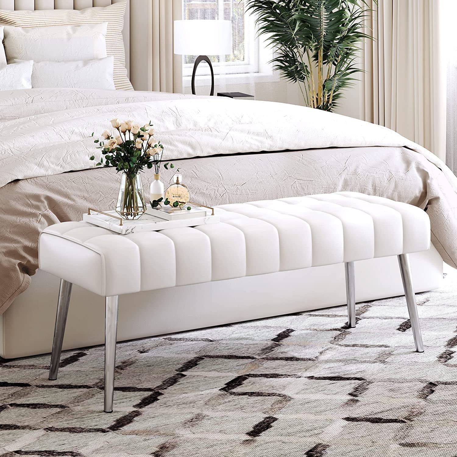 55" White End of Bed Bench, Modern Faux Fur Upholstered Ottoman Bench