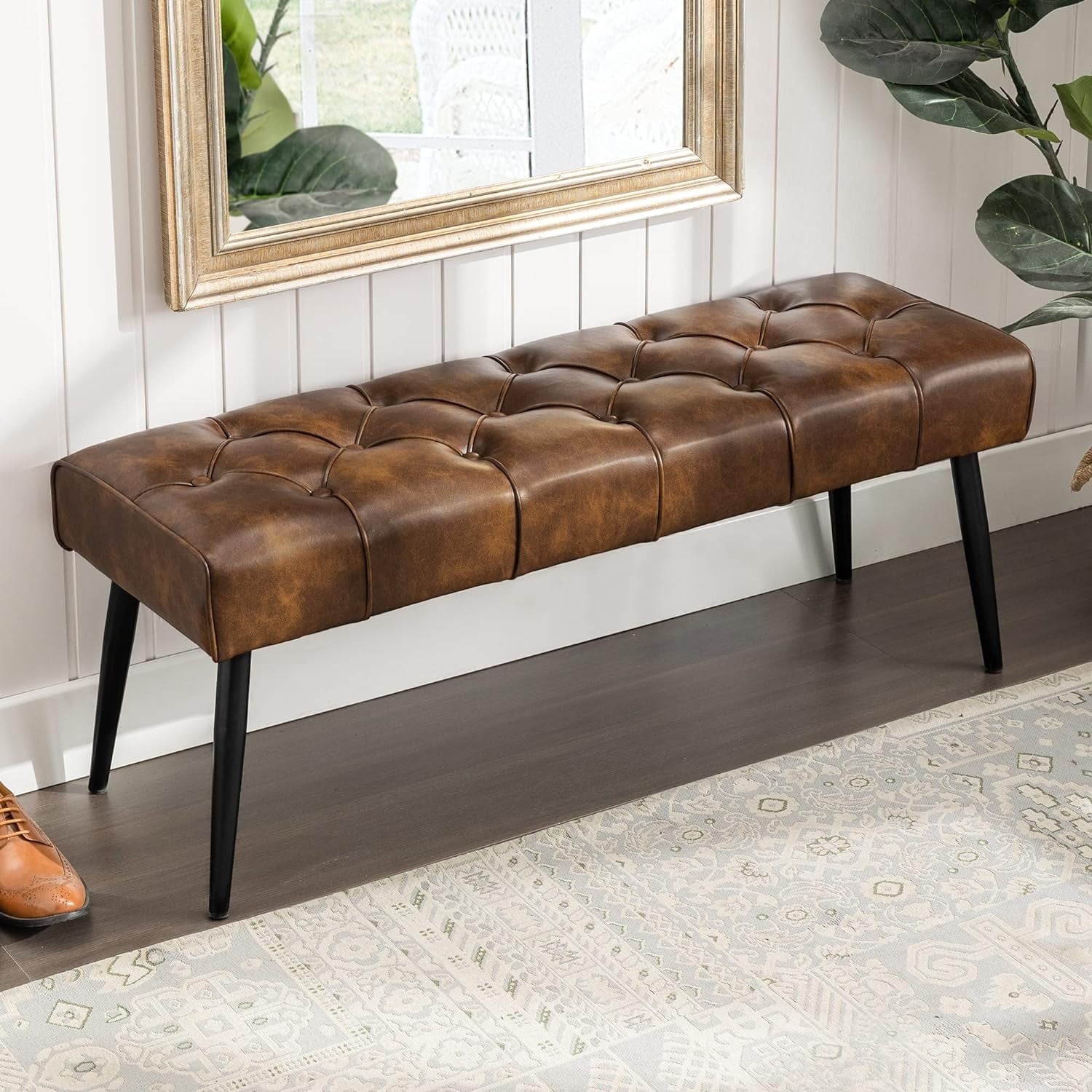 Lue Bona 44.5Ottoman Benches for Bedroom Faux Leather Modern Entryway Bench Yellowish Brown
