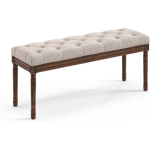 LUE BONA 44" Bedroom Bench, Fabric End of Bed Bench, Upholstered French Tufted Ottoman Bench with Carved Dark Brown Wood Legs for Bedroom End of Bed, Living Room, Linen