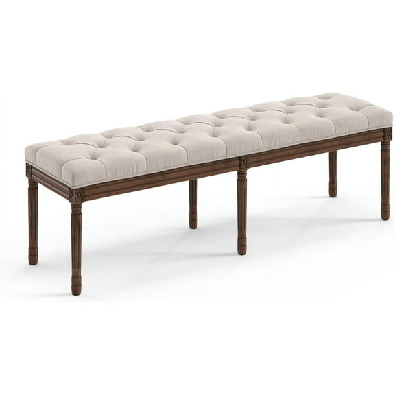 LUE BONA 60" Fabric End of Bed Bench, Upholstered Tufted French Bedroom Bench with Carved Dark Brown Legs for Bedroom End of King Size Bed, Living Room, Linen