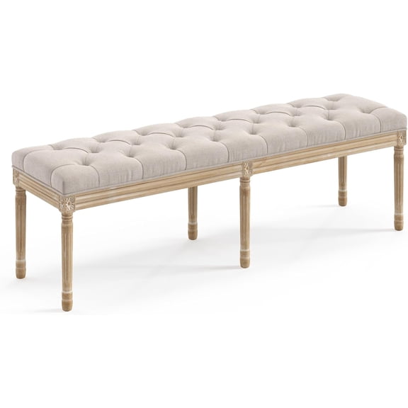LUE BONA 60" Fabric End of Bed Bench, Upholstered Tufted French Bedroom Bench with Carved Legs for Bedroom End of King Size Bed, Living Room, Linen