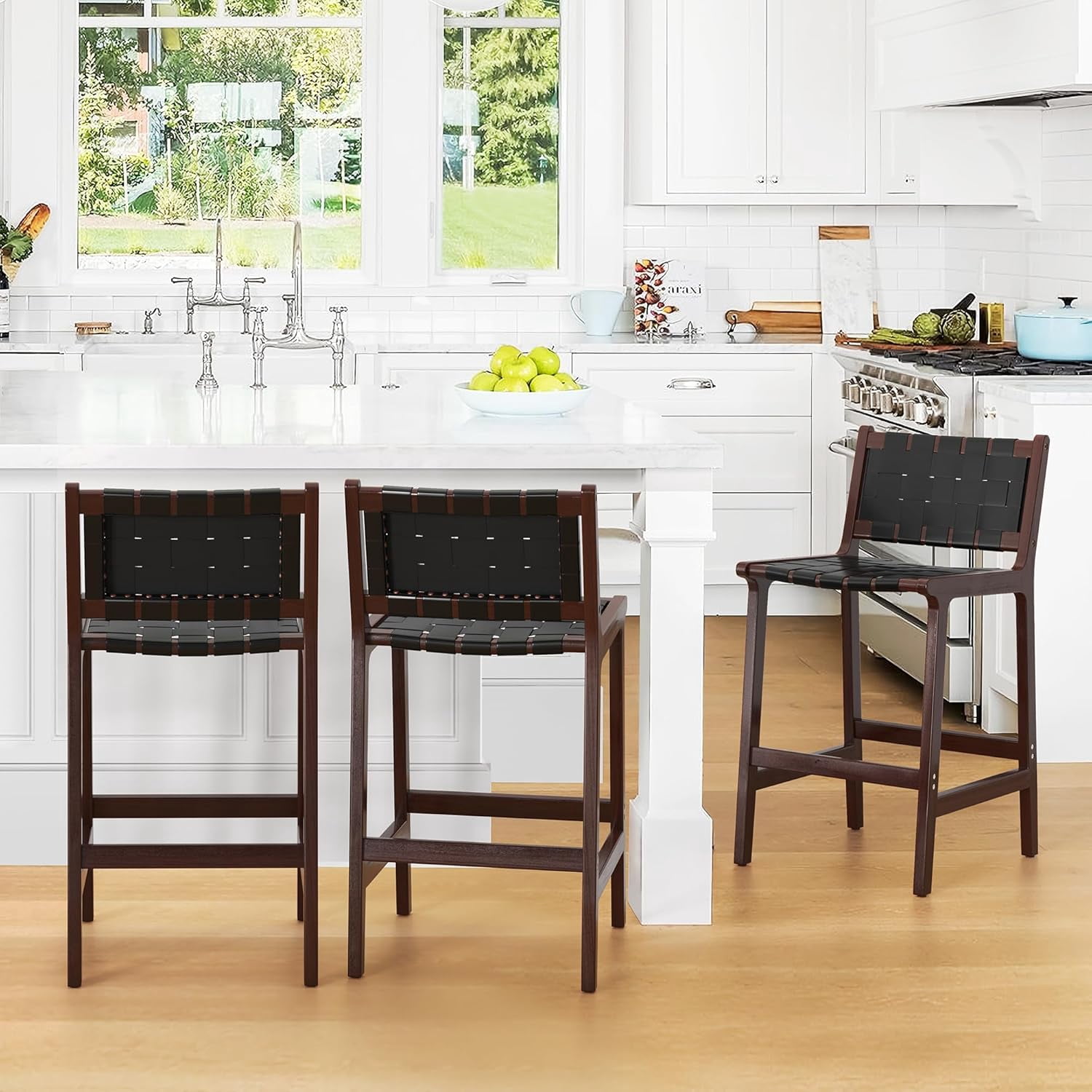 LUE BONA Counter Height Bar Stools 24inch, Set of 3 Faux Leather Woven ...