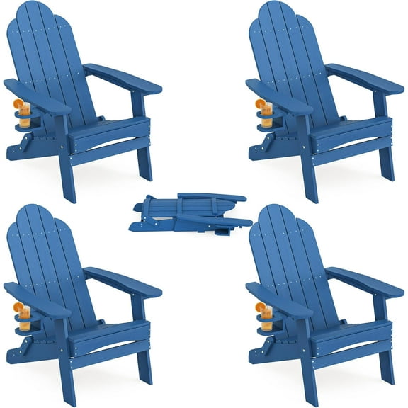 LUE BONA Folding Adirondack Chair, Chairs Set of 2, Cup Holder, Woodgrain, Fire Pit, Patio, Pool, Blue