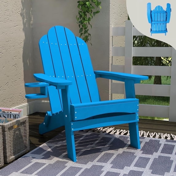 Dycanpo Folding Adirondack Chair,Fire Pit Patio Garden Chair with Cup Holder,Bright Blue