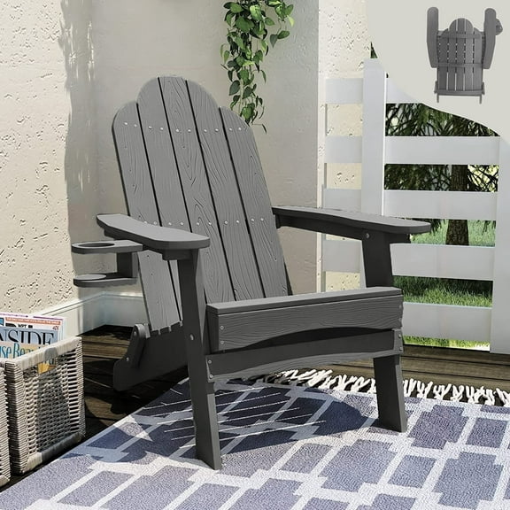 Dycanpo Folding Adirondack Chair,Fire Pit Patio Garden Chair with Cup Holder,Dark Gray