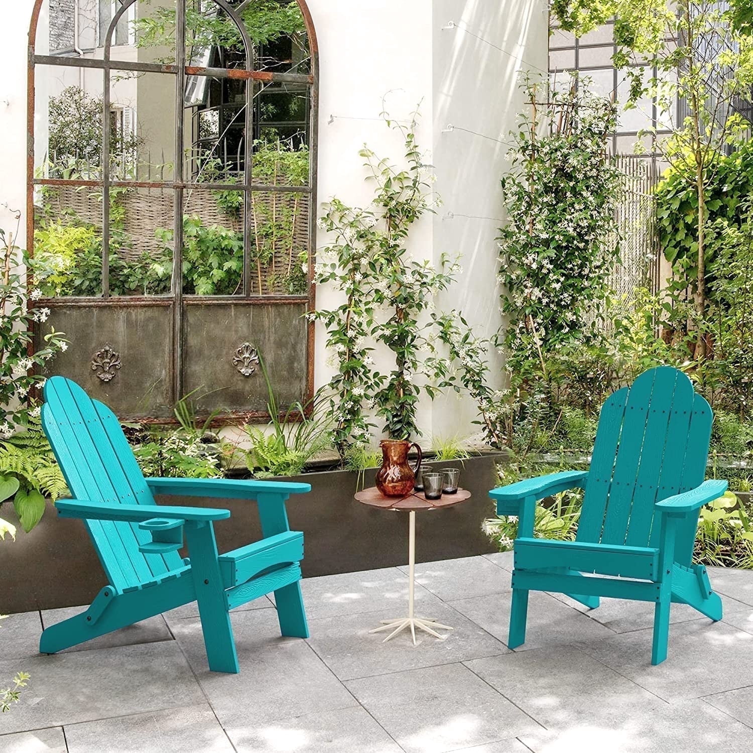 Dycanpo Folding Adirondack Chair Set of 2,Fire Pit Patio Garden Chair with Cup Holder,Aruba Blue
