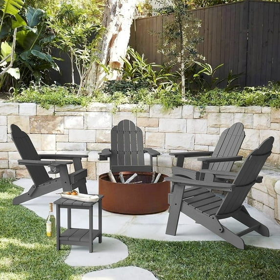 Dycanpo Folding Adirondack Chair Set of 4,Fire Pit Patio Garden Chair with Cup Holder,Dark Grey
