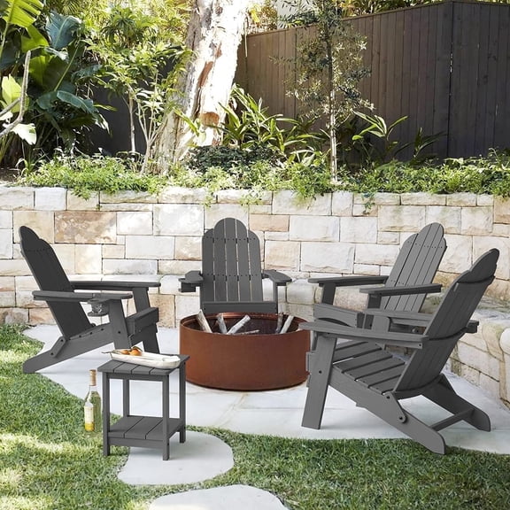 Dycanpo Folding Adirondack Chair Set of 4,Fire Pit Patio Garden Chair with Cup Holder,Dark Grey