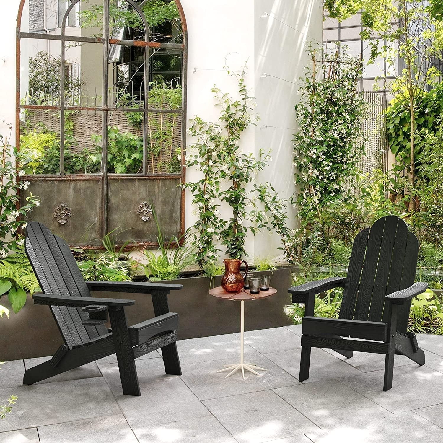 Black Foldable HDPS Adirondack Chairs with Cup Holder, Set of 2