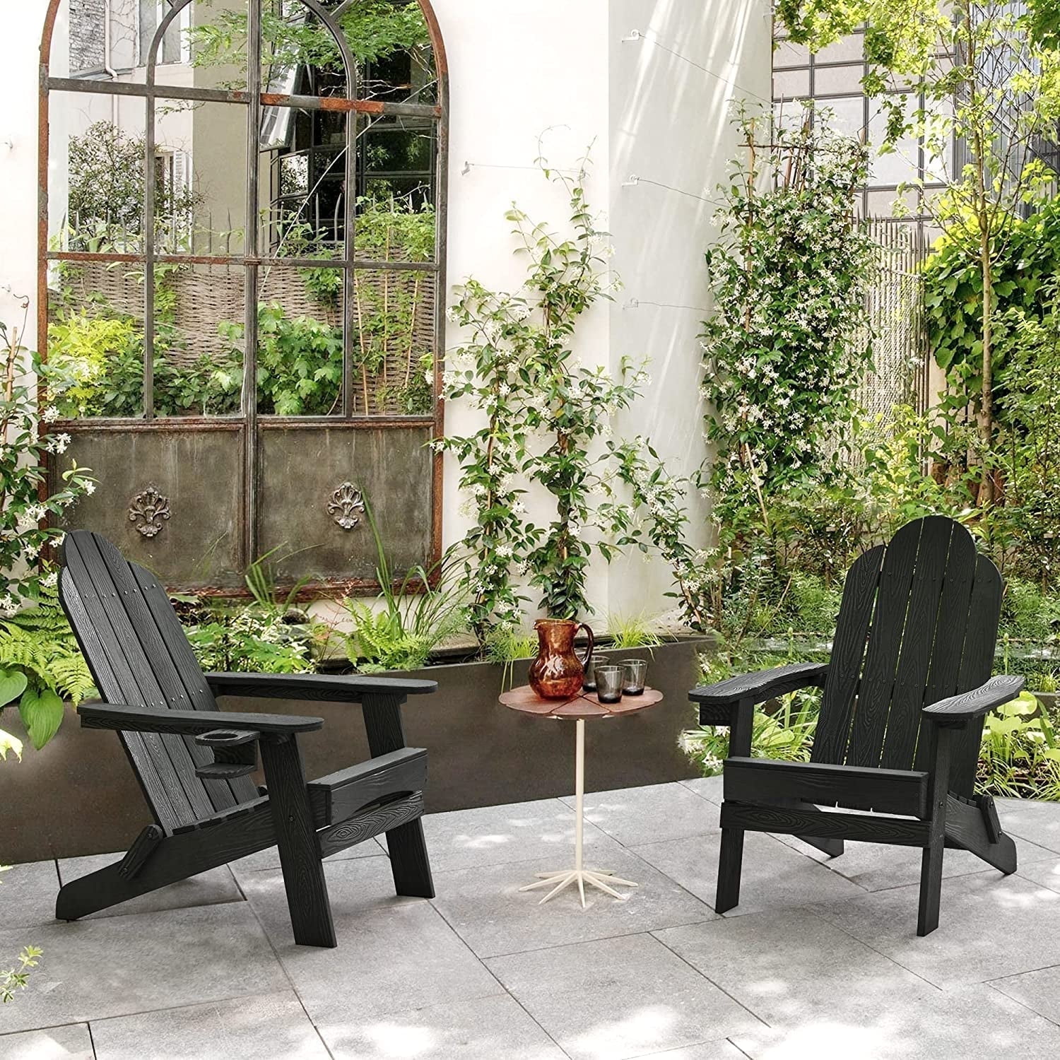 Black Foldable HDPS Adirondack Chairs with Cup Holder, Set of 2