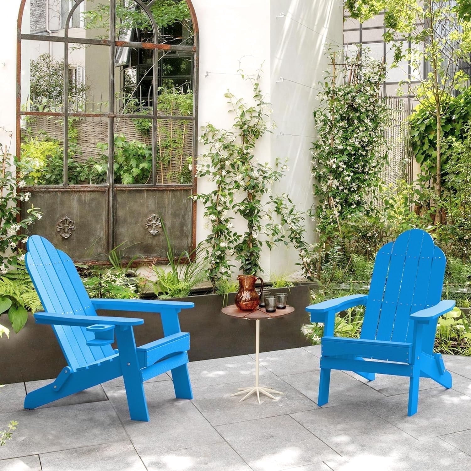 Dycanpo Folding Adirondack Chairs Set of 2,Fire Pit Patio Garden Chair with Cup Holder,Bright Blue