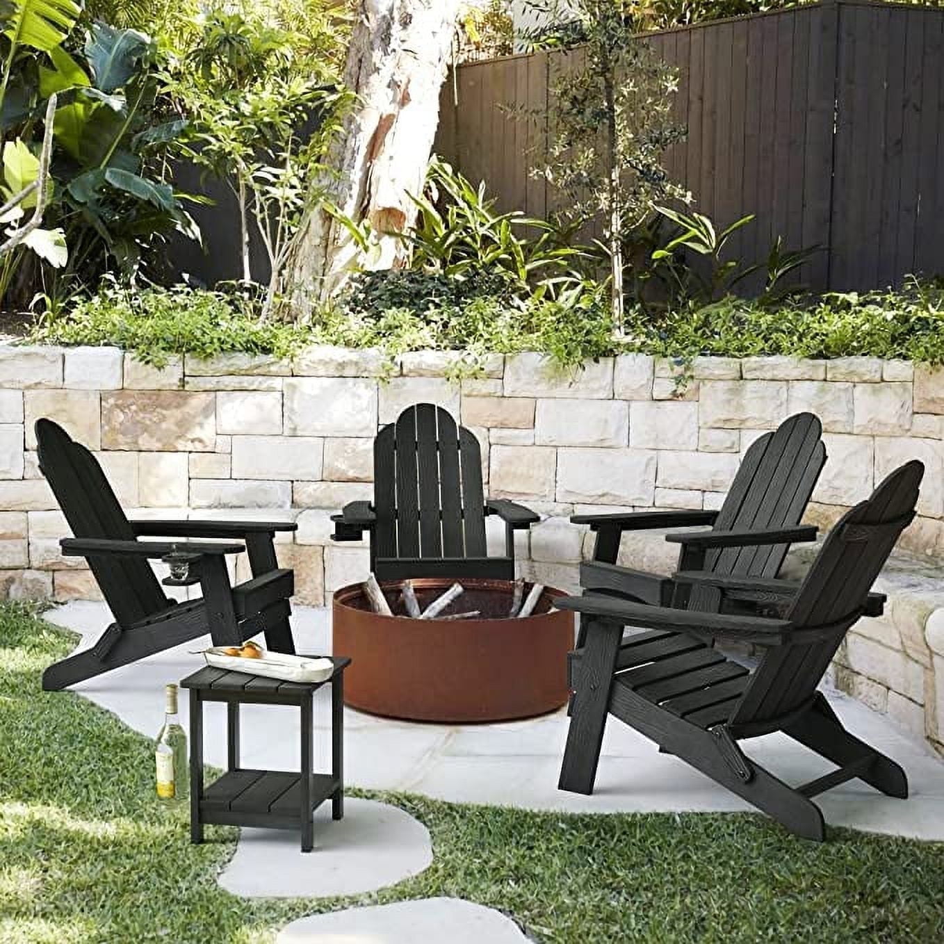 Black Foldable Poly Adirondack Chairs with Cup Holder, Set of 4