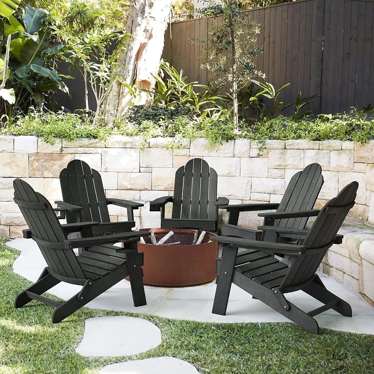 Dycanpo Folding Adirondack Chairs Set of 5,Fire Pit Patio Garden Chair with Cup Holder,Black