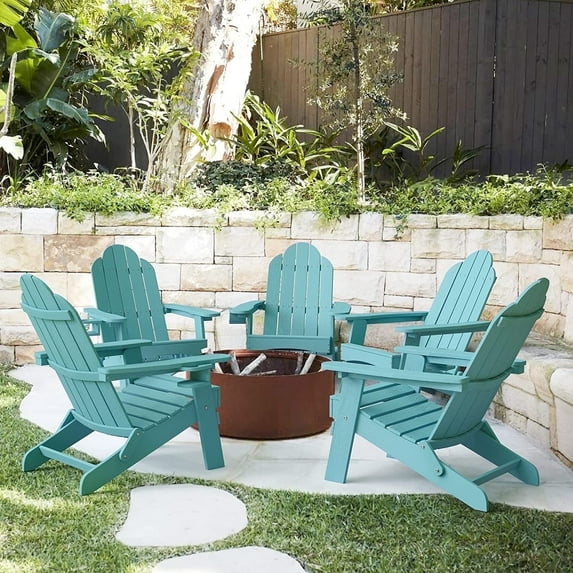 Dycanpo Folding Adirondack Chairs Set of 5,Fire Pit Patio Garden Chair with Cup Holder,Blue Turquoise