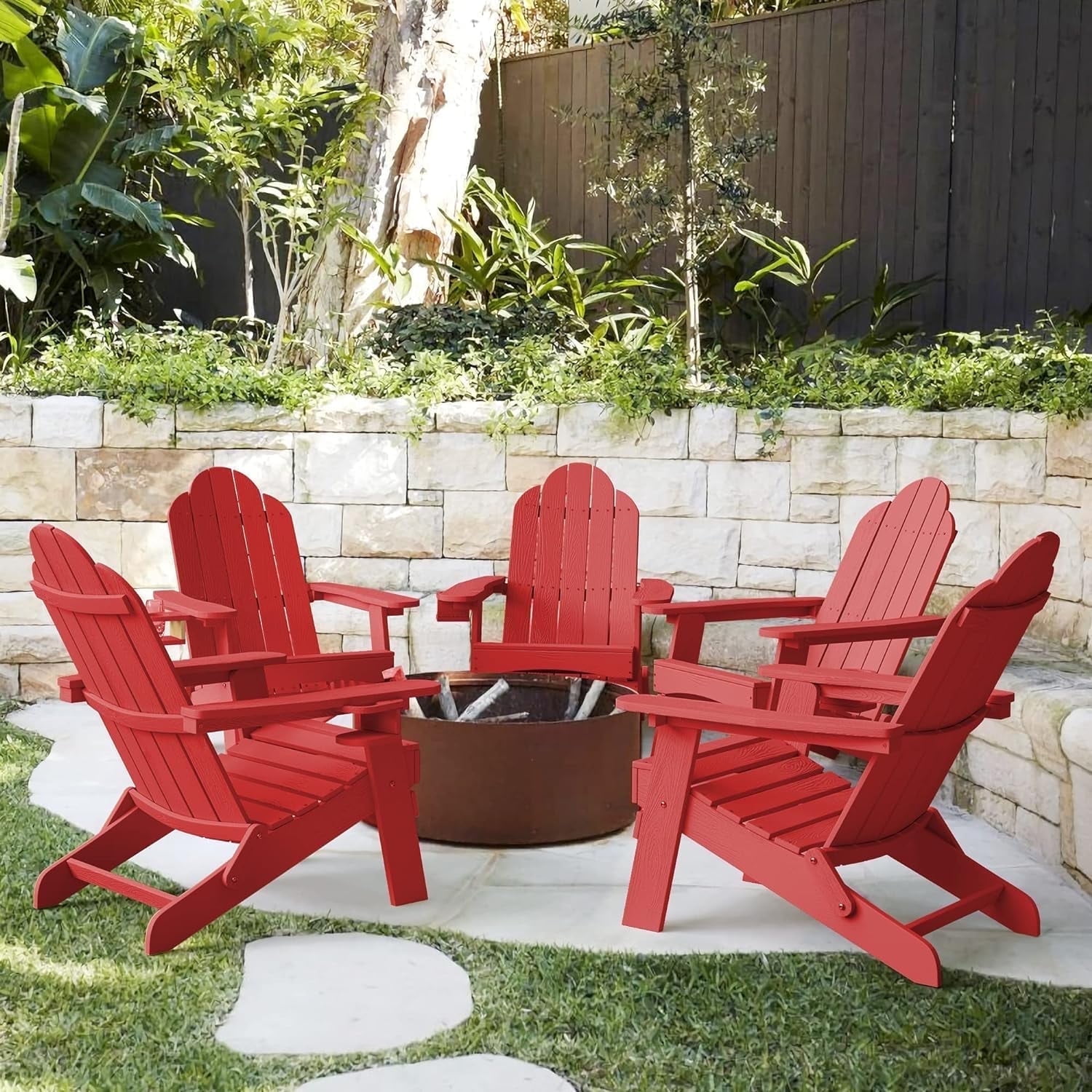 LUE BONA Folding Adirondack Chairs Set of 5 Fire Pit Patio Garden Chair with Cup Holder Bright Red Walmart