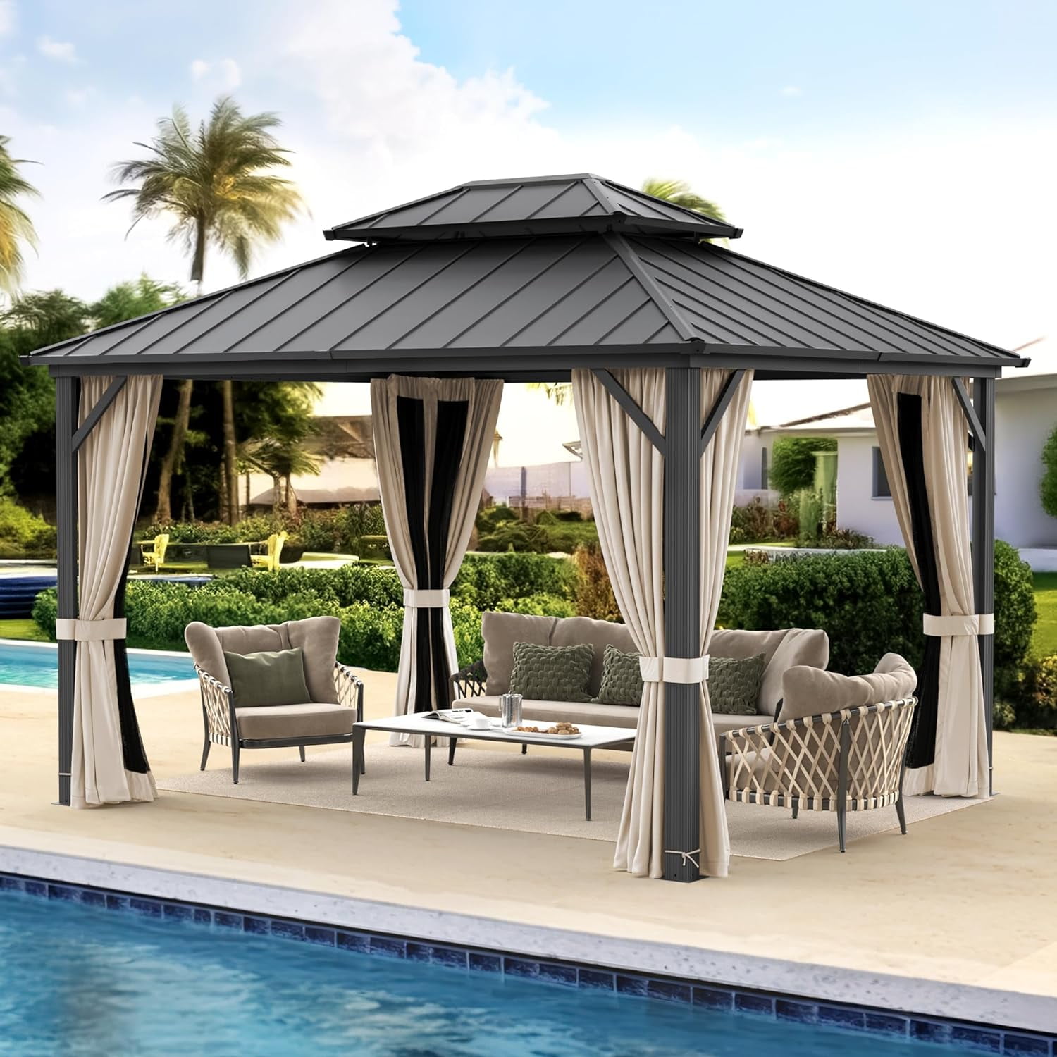 LUE BONA Hardtop Gazebo with Nettings Curtains, Galvanized Steel Double ...